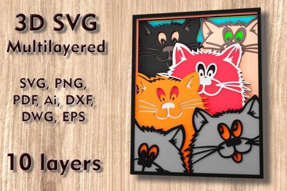 3D SVG Multilayer Laser Cut Files: Cats Design