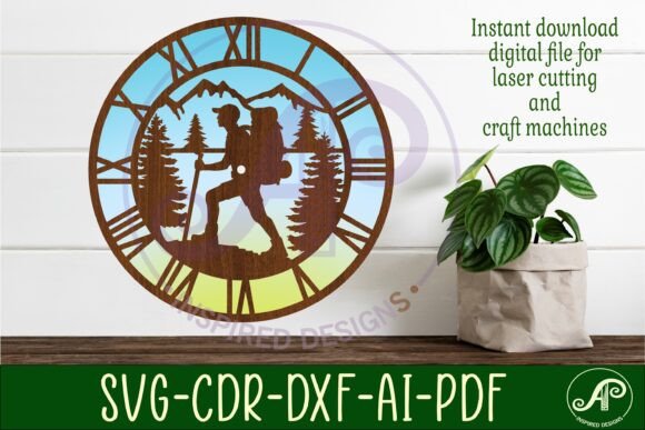 Hiker Wall Clock Laser Cut Files: SVG, DXF, AI, CDR, PDF