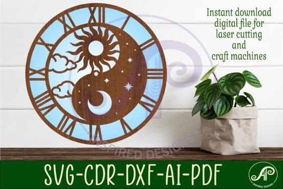 Yin Yang Sun and Moon Wall Clock Laser Design